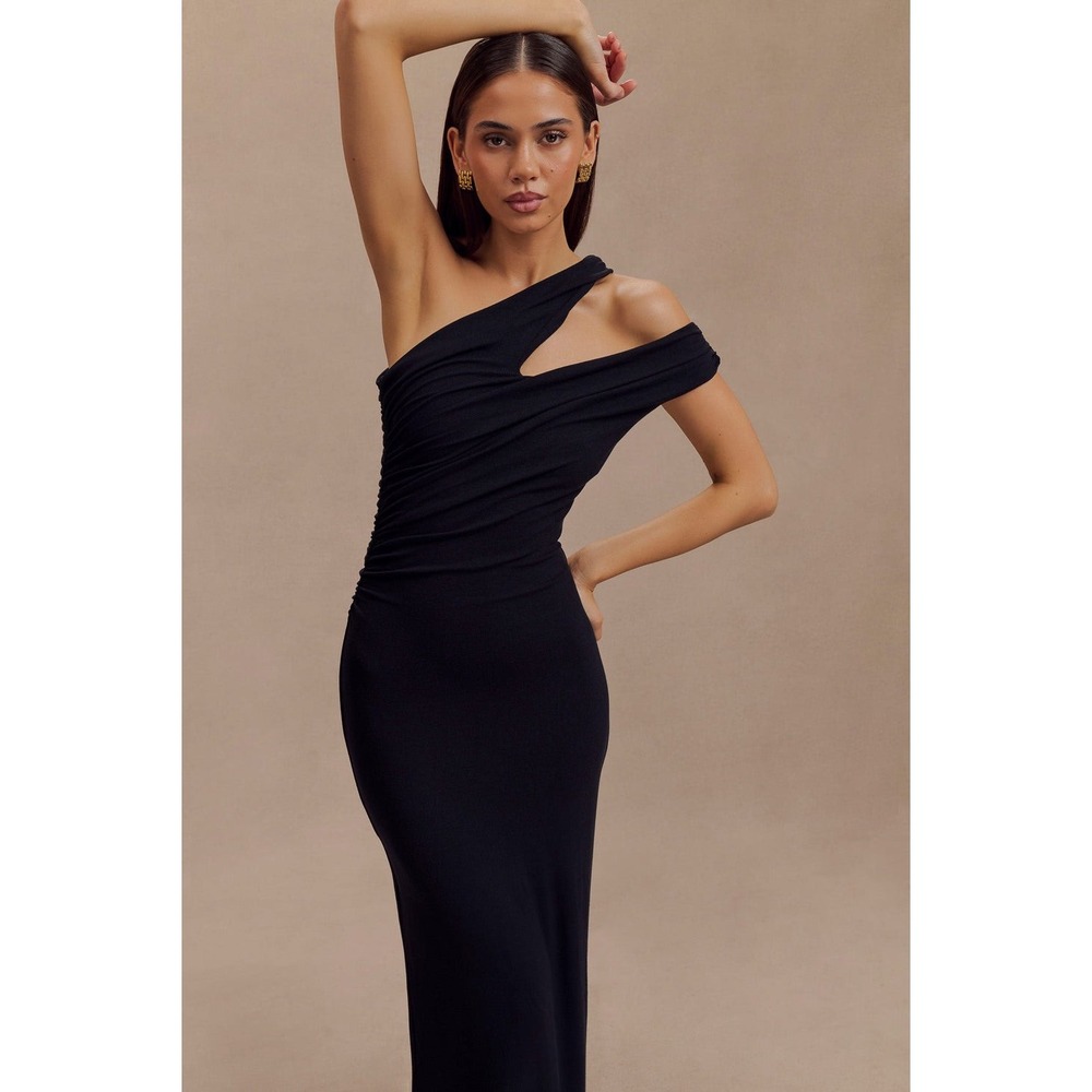 Meshki Anastasia One Shoulder Modal Black Bodycon Midi Dress LBD Party Event - S